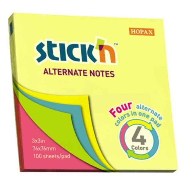 Notes autoadeziv 76 x 76 mm, 100 file, Stick”n Alternate – 4 culori neon
