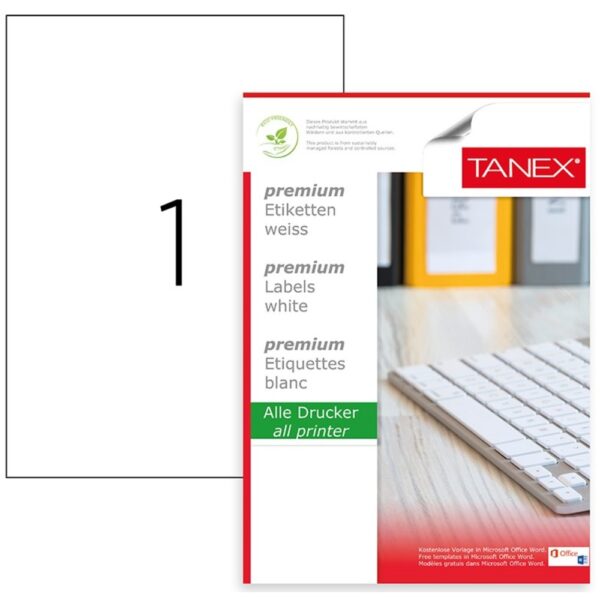 Etichete transparente autoadezive, 1/A4, 210 x 297mm, 25 coli/top, TANEX – colturi drepte