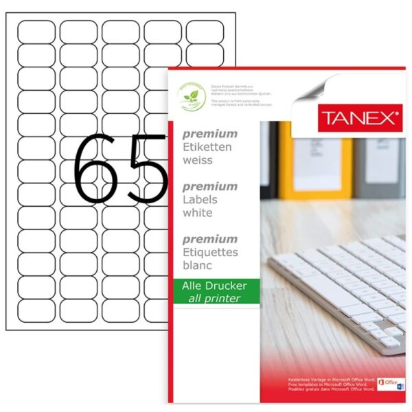 Etichete transparente autoadezive, 65/A4, 38.1 x 21.2mm, 25 coli/top, TANEX – colturi rotunjite