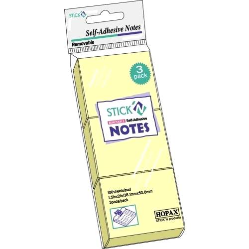 Notes autoadeziv 38 x 51 mm, 3 x 100 file/set, Stick”n – galben pastel