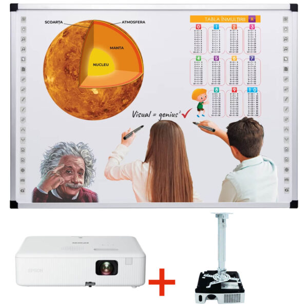 Pachet Tabla interactiva 102″ VISUAL Genius, tehnologie tactila IR, 20 puncte de atingere, suport tavan