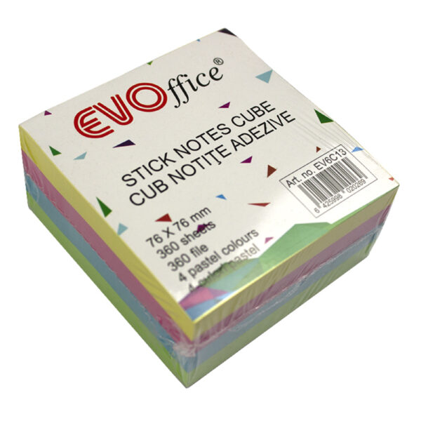Notes autoadeziv cub color 75*75 mm, 360 file, 4 culori pastel EVOffice