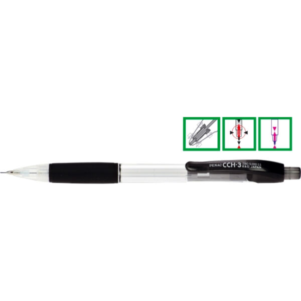 Creion mecanic PENAC CCH-3, rubber grip, 0.7mm, varf metalic, corp transparent