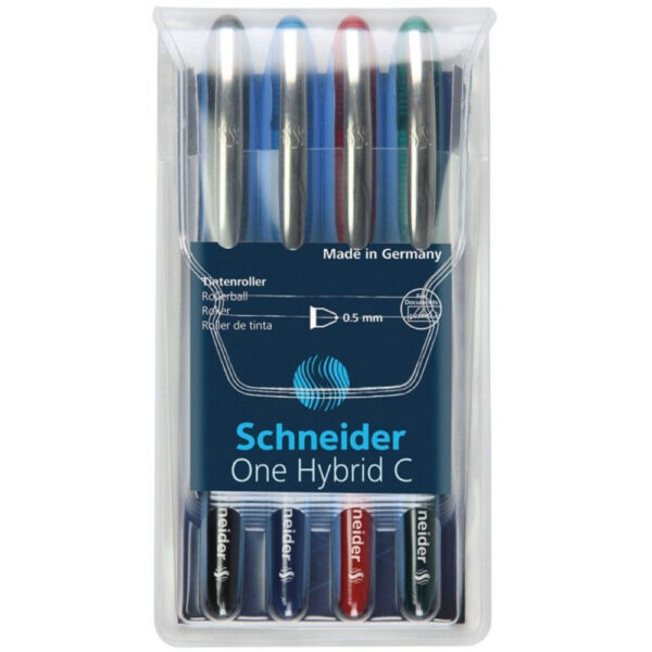 Roller cu cerneala SCHNEIDER One Hybrid C, ball point 0.5mm, 4 culori/set – (N,R,A,V)