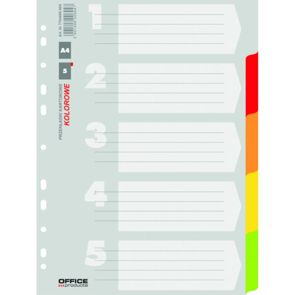 Separatoare carton color, A4, 170g/mp,  5 culori/set, Office Products