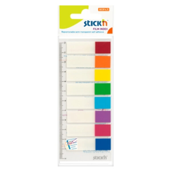 Stick index plastic transparent color 45 x 12 mm, 8 x 15 file/set, Stick’n – 8 culori neon