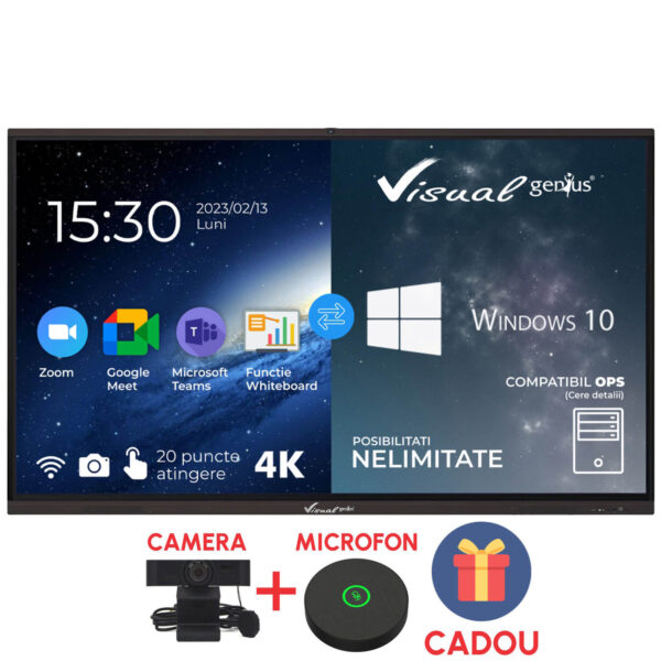 Display interactiv 86” 4K, Visual Genius, Android 9, 3GB DDR4, 32GB memorie, 20 puncte de atingere, soft limba romana.