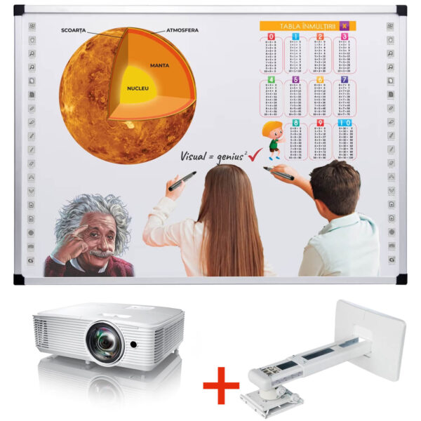 Pachet Tabla interactiva 85″ VISUAL Genius, tehnologie tactila IR, 20 puncte de atingere, suport perete
