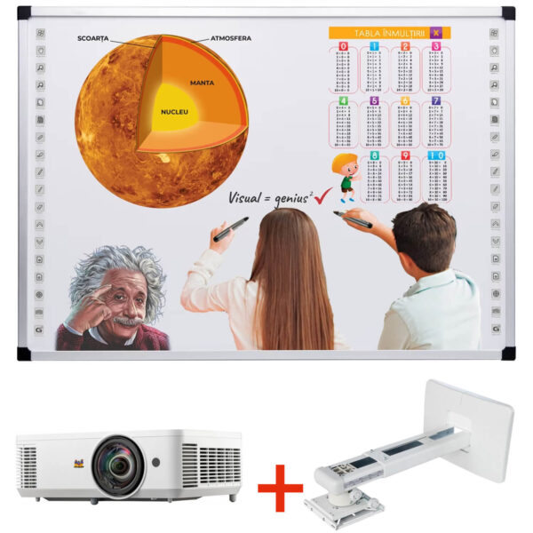 Pachet Tabla interactiva 102″ VISUAL Genius, tehnologie tactila IR, 20 puncte de atingere, suport perete